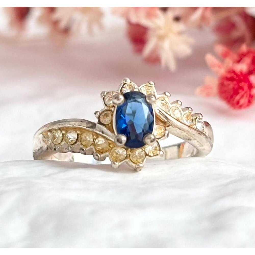 Blue Heart Shaped CZ Vermeil Gold Over Sterling Silver 925 Vintage Ring - sz 6